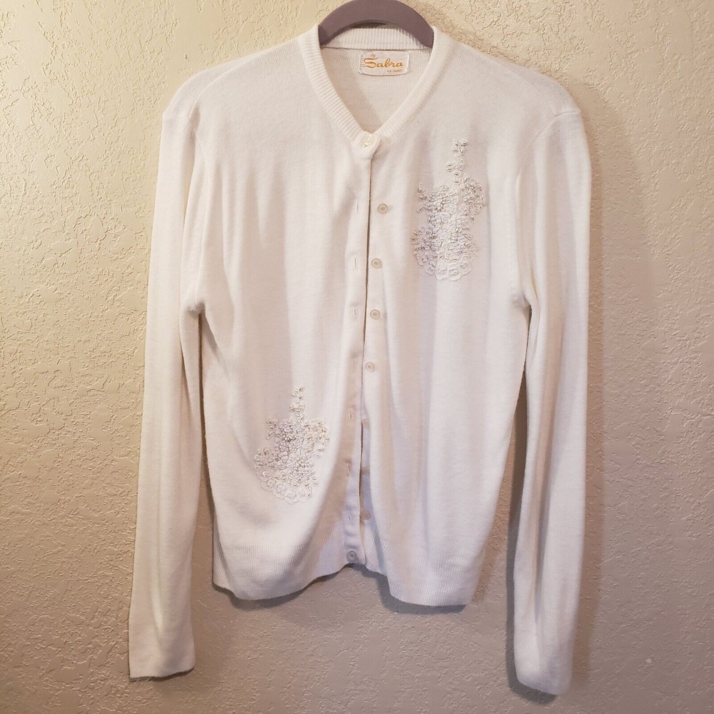 Vintage Sabra Cream Pearl Beaded Cardigan Sweater Primstyle Sz Medium
